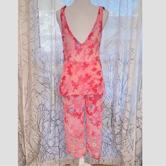 NATORI JOSIE PINK RED FLORAL CAMO PRINT SHEER TANK TOP CROP PANTS PAJAMA SET - Picture 7 of 13